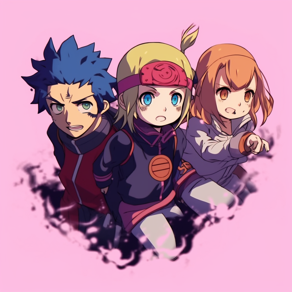 Naruto, Sakura, and Sasuke in action-ready poses, vibrant colors and dynamic linework. anime trio matching pfp pfp for discord.
