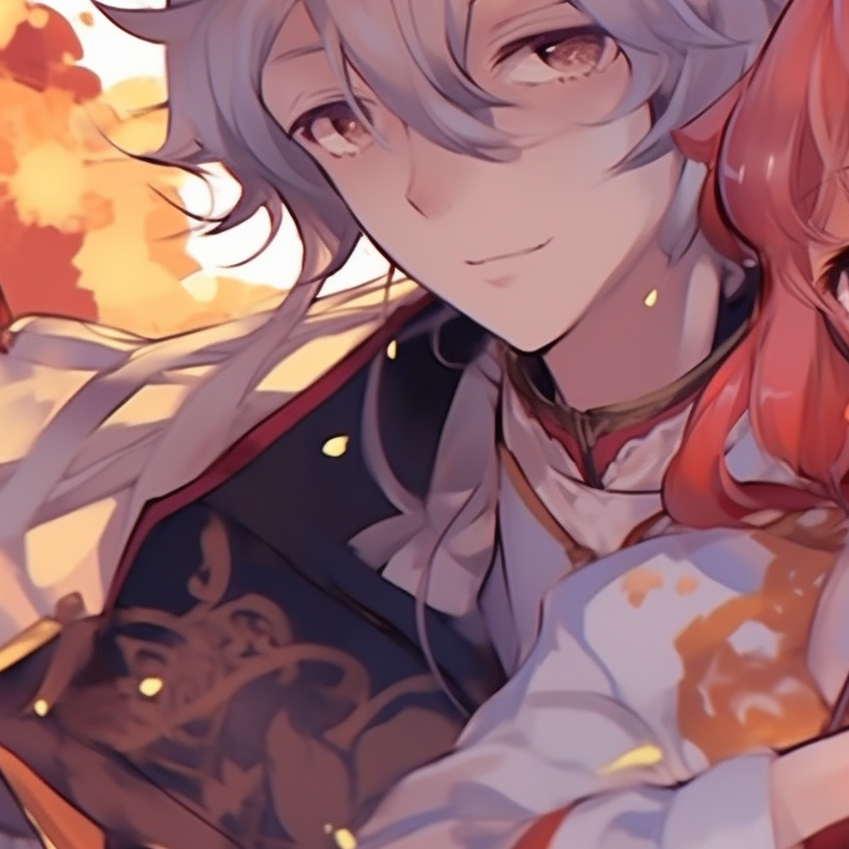 Two characters accompanied by Paimon, vivid backgrounds and intense stare. genshin matching pfp featuring popular characters pfp for discord.