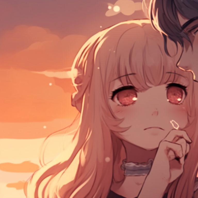 Two characters with glowing surroundings, vibrant neon colors, dreamy atmosphere romantic matching anime pfp pfp for discord.