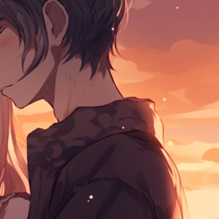 Two characters with glowing surroundings, vibrant neon colors, dreamy atmosphere romantic matching anime pfp pfp for discord.