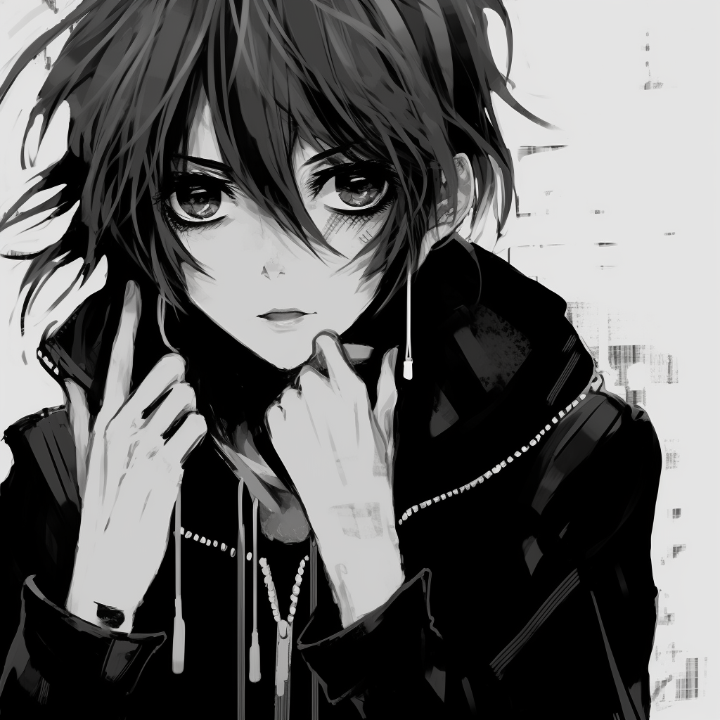 An anime character illustration characterized by smudged ink technique, enhancing the grunge style. grunge anime black and white pfp
