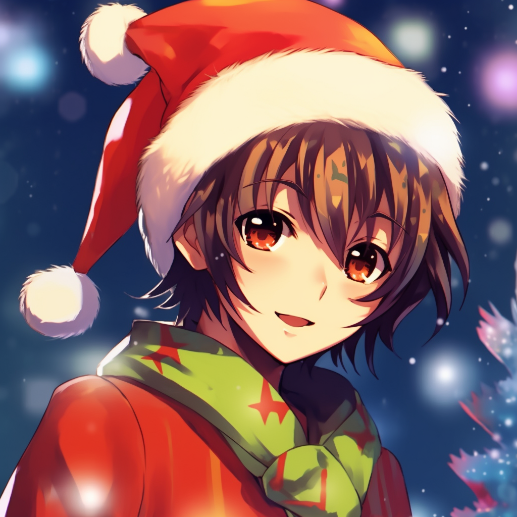 Close-up of a smiling Anime boy with Christmas themed background, fine details and sharp contrasts. anime boy christmas pfp