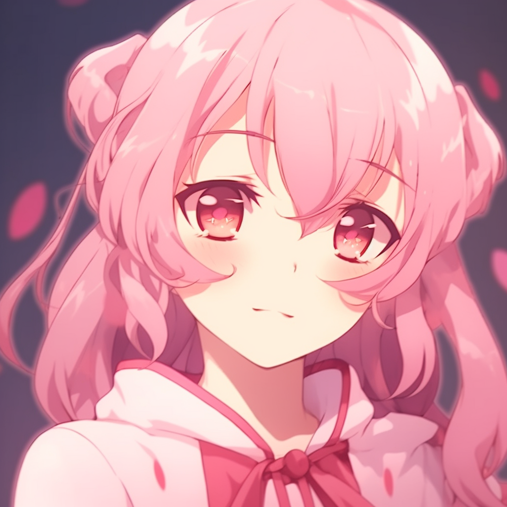 Kawaii style anime character with a dominant pink theme, cutesy details and shiny eyes. classic pink anime pfp styles