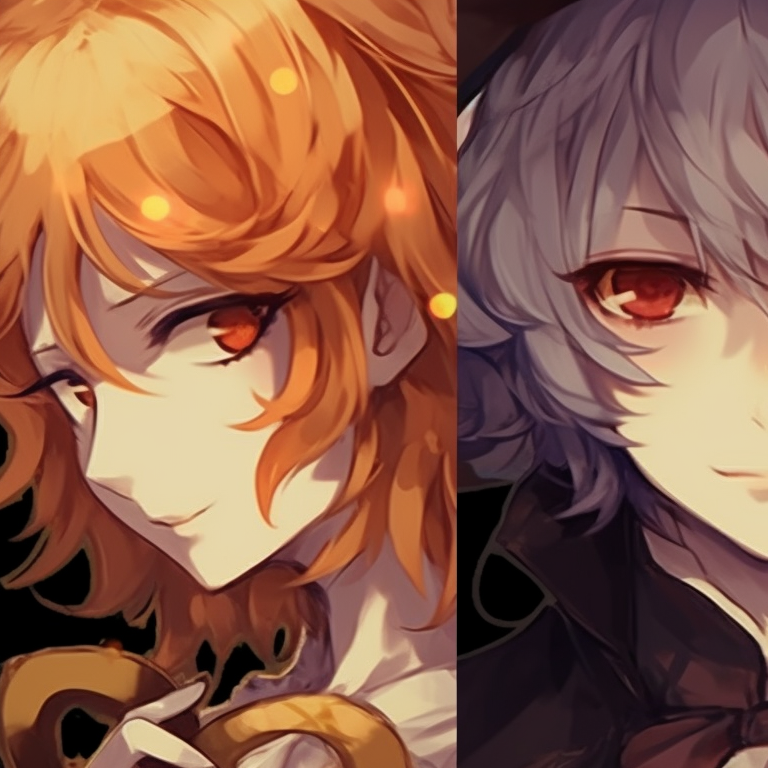 Two characters with demonic aspects, fire-like colors, intense stare. best boy characters for halloween aesthetic anime matching pfp pfp for discord.