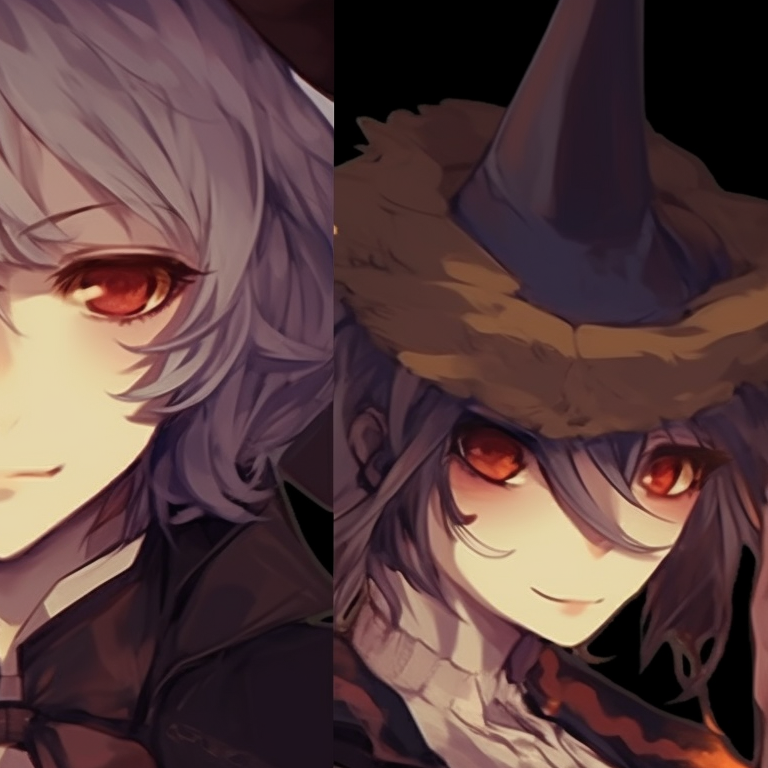 Two characters with demonic aspects, fire-like colors, intense stare. best boy characters for halloween aesthetic anime matching pfp pfp for discord.