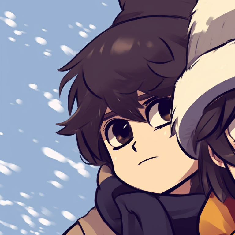 Two young boy characters bundled in oversized scarves, cool tones and falling snow. boy matching hat kid christmas pfp pfp for discord.