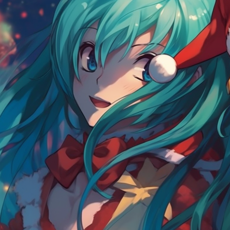 Hatsune Miku characters in Christmas attire, vibrant colors and festive detailing, positioned side by side. christmas with hatsune miku matching pfp pfp for discord.