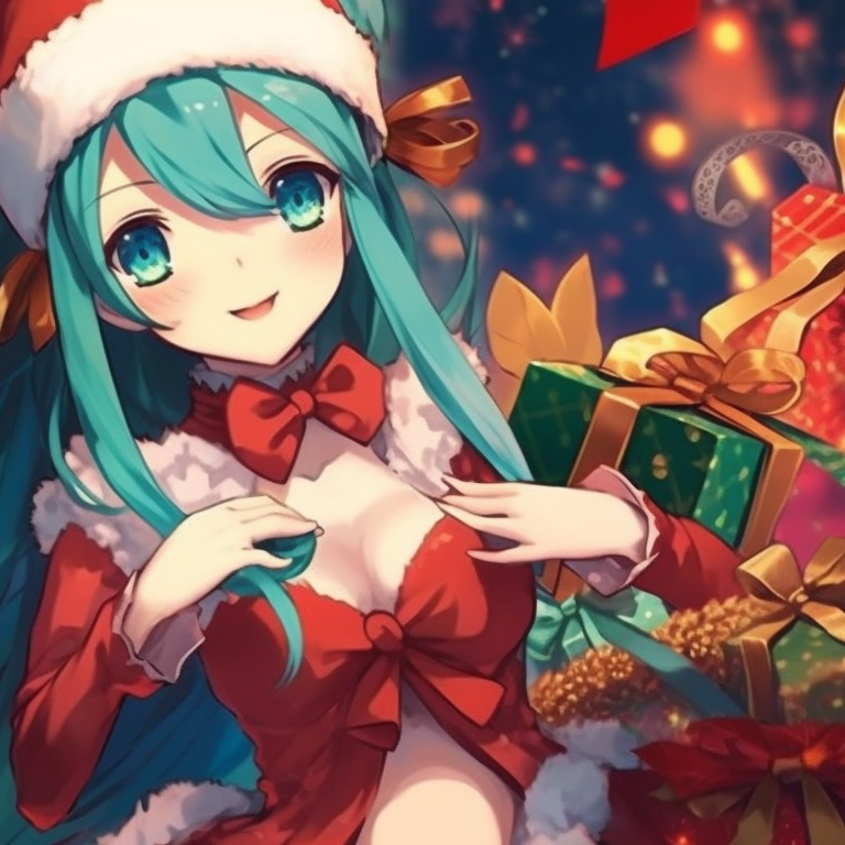 Hatsune Miku characters in Christmas attire, vibrant colors and festive detailing, positioned side by side. christmas with hatsune miku matching pfp pfp for discord.