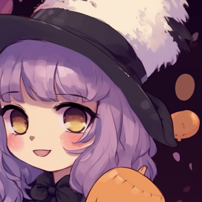 Profile close-up of two characters, one wearing a pumpkin mask, the other with cat-ears and whiskers. halloween inspired cute pfp matching theme pfp for discord.