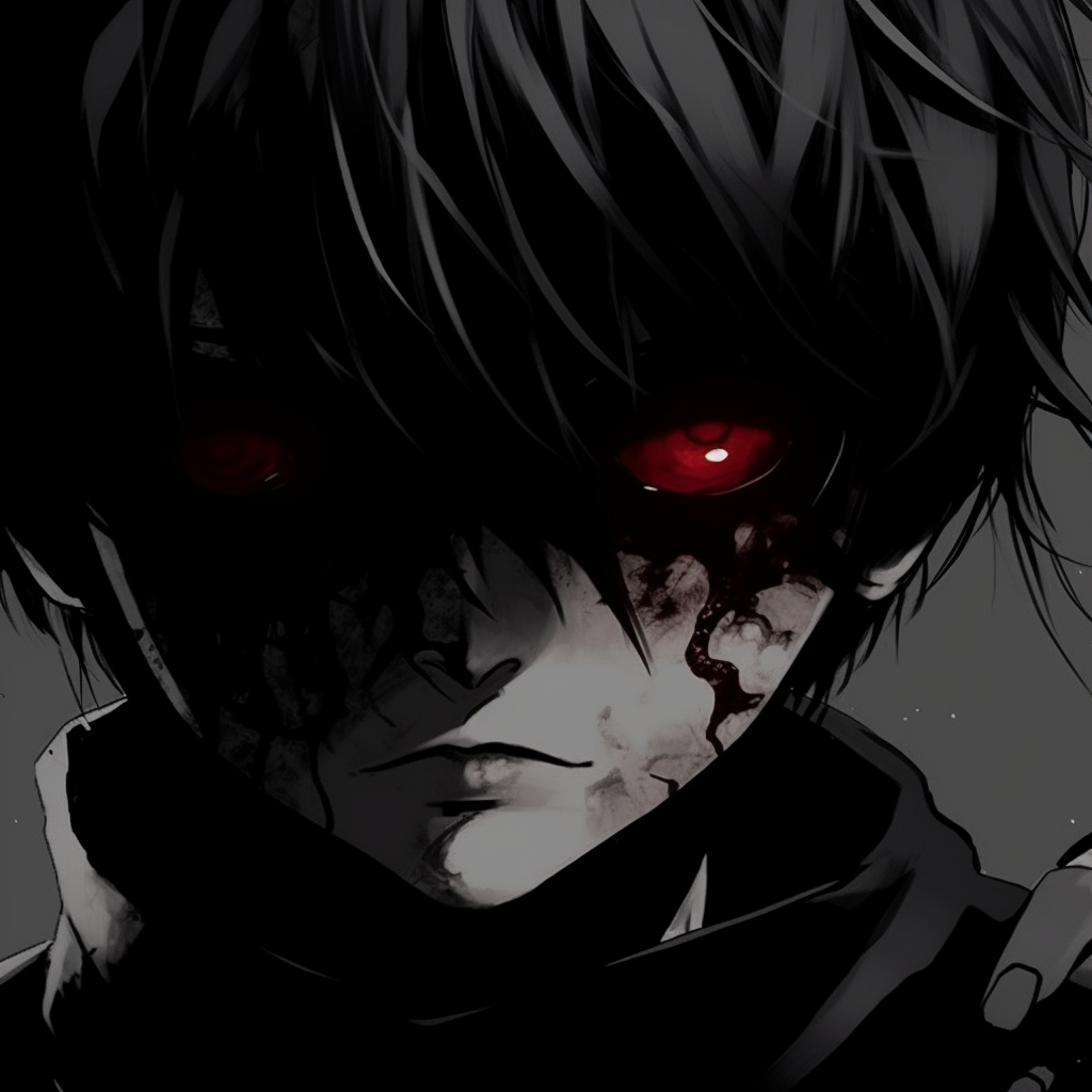 A close-up of Tokyo Ghoul's protagonist Kaneki Ken, highlights fierce expression and detailed linework with a heavy emphasis on dark tones. dark anime pfp maleHD, free download