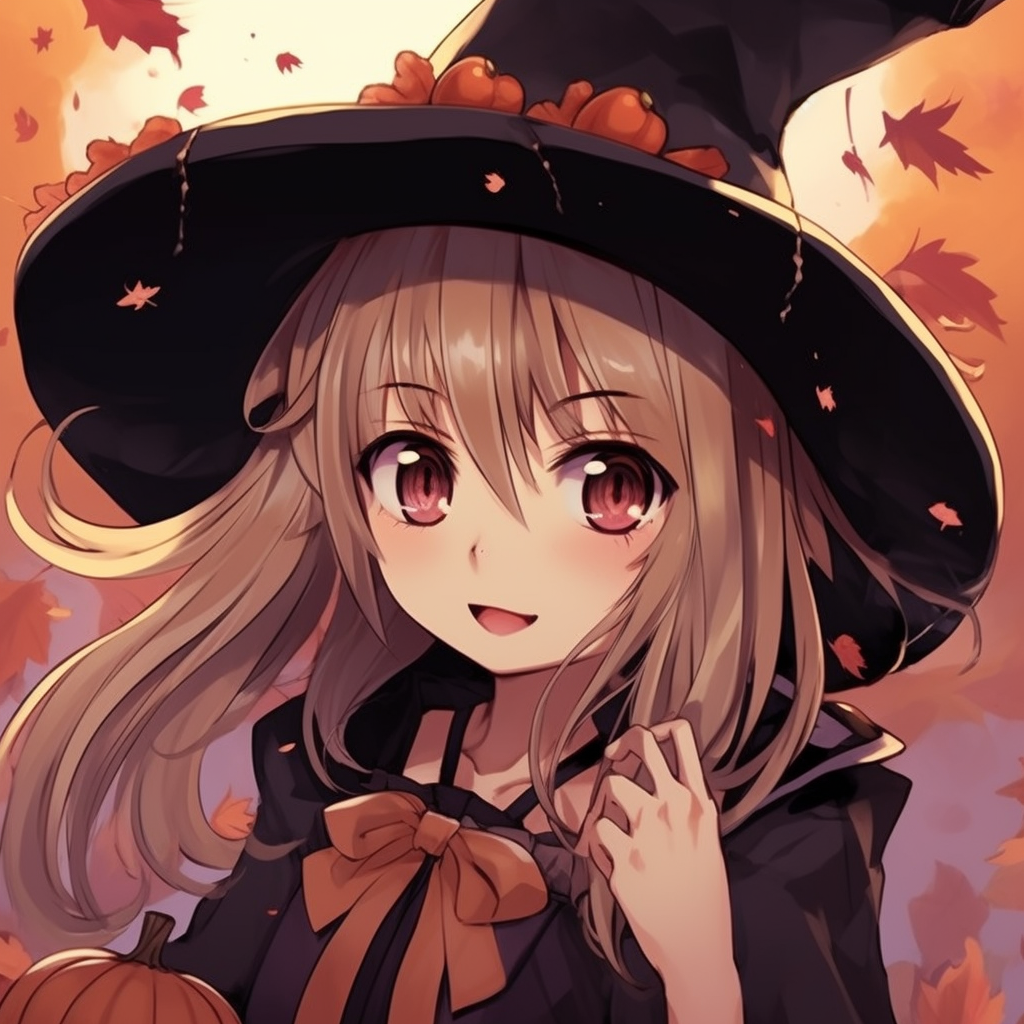 Close-up of an anime witch, focusing on the soft shading and vibrant Halloween colors. adorable anime halloween pfp