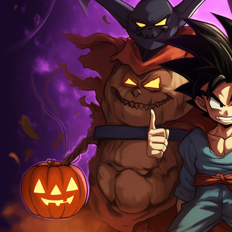 Two Dragon Ball characters in Halloween-themed costumes, vivid colors and dynamic poses. cool dragon ball halloween themed pfp pfp for discord.