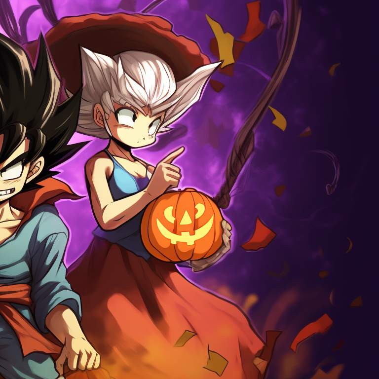 Two Dragon Ball characters in Halloween-themed costumes, vivid colors and dynamic poses. cool dragon ball halloween themed pfp pfp for discord.