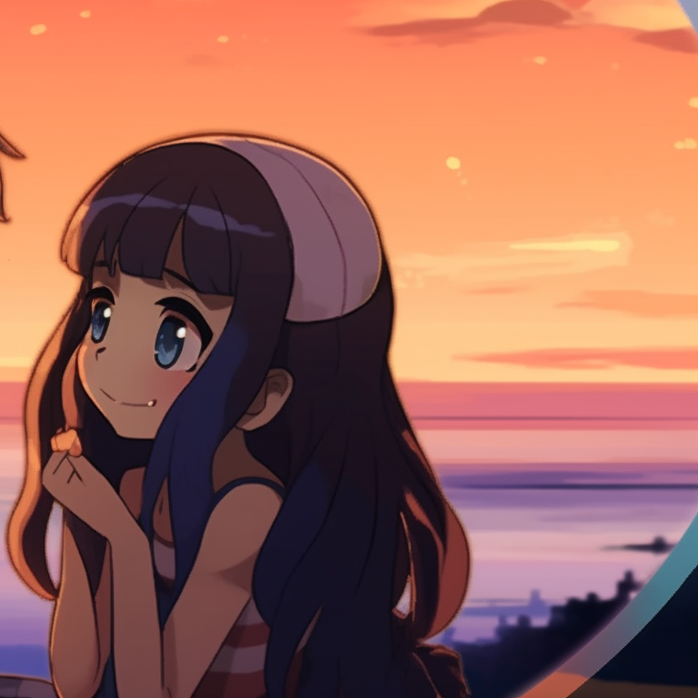 Two characters enjoying a sunset, smooth gradients and delicate anime lines. matching pfp for couples favorite cartoons pfp for discord.
