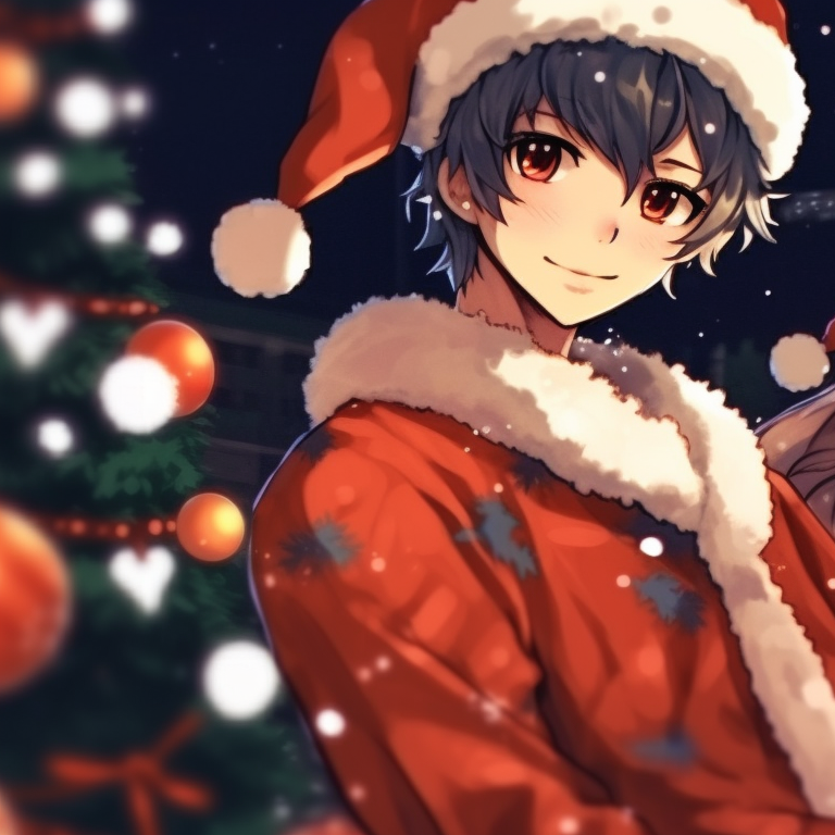 Two characters, adorned in Christmas outfits, twinkling lights in the background. trending preppy christmas pfp matches pfp for discord.