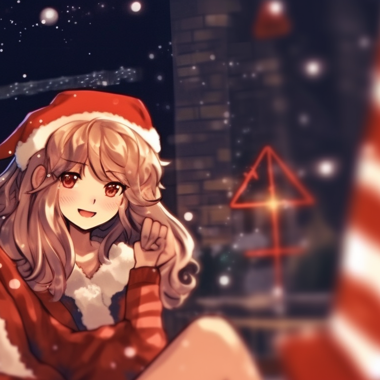 Two characters, adorned in Christmas outfits, twinkling lights in the background. trending preppy christmas pfp matches pfp for discord.