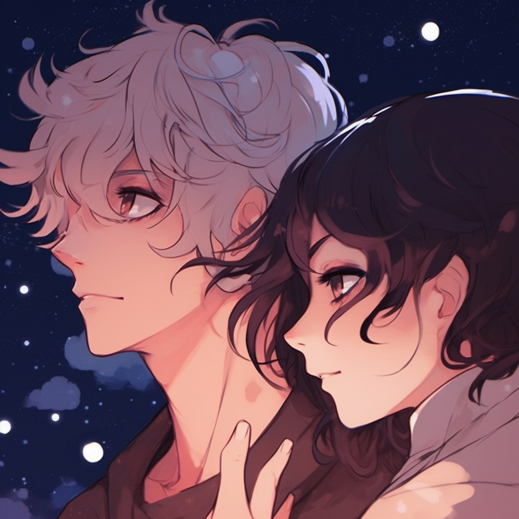 Lovers outlined against a clear starry night, focus on constellations and contrasting elements. romantic matching pfp anime