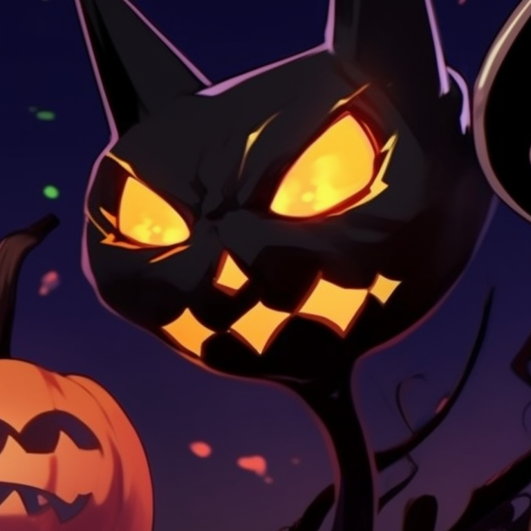 Two characters with pumpkin-themed attire, warm autumn colors, and playful poses. matching halloween pfp options pfp for discord.