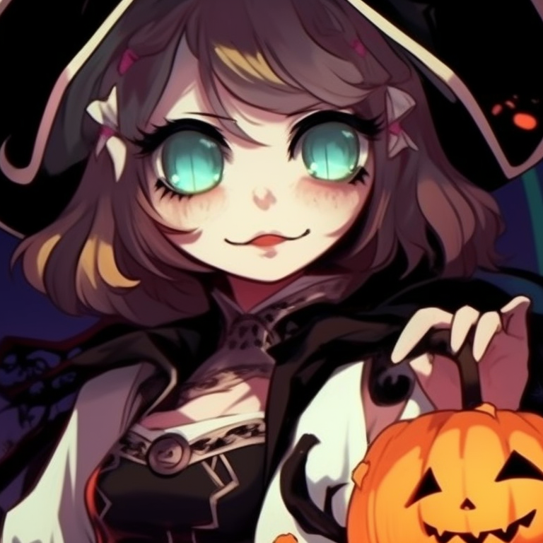 Two characters with pumpkin-themed attire, warm autumn colors, and playful poses. matching halloween pfp options pfp for discord.