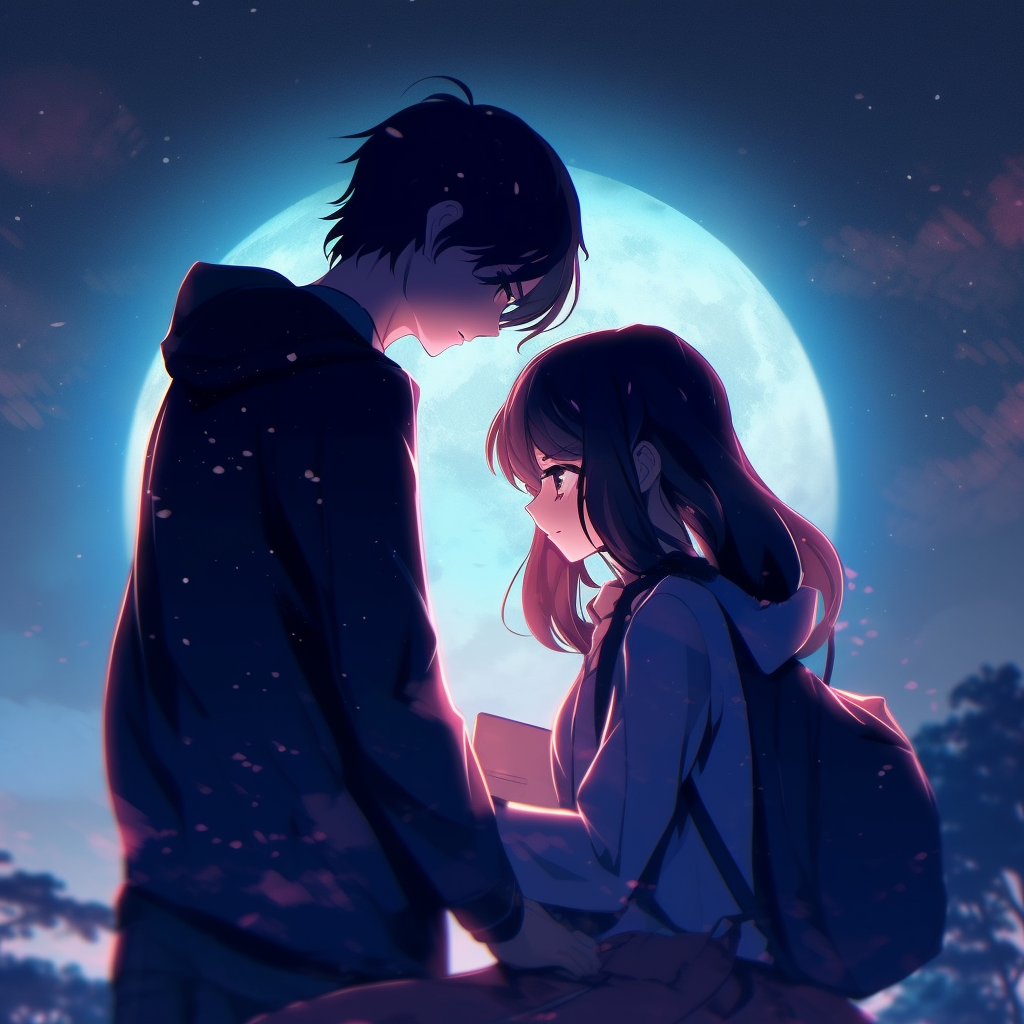 Anime couple in peaceful embrace under starry night, calming tones and soft lines. adorable anime couple pfp