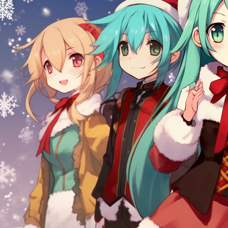 Two characters surrounded by snowflakes, vibrant colors and soft lighting. animated matching hatsune miku christmas pfp options pfp for discord.