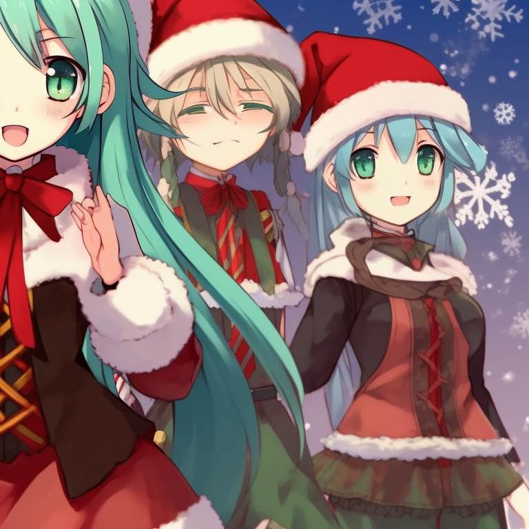 Two characters surrounded by snowflakes, vibrant colors and soft lighting. animated matching hatsune miku christmas pfp options pfp for discord.