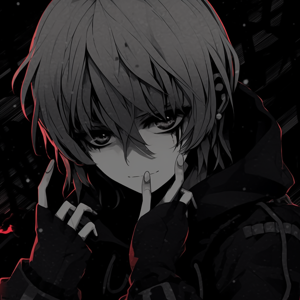 Tokyo Ghoul's Kaneki in a poignant pose, high contrast and dominant black and white with striking red accents. powerful anime pfp dark pfp for discord.