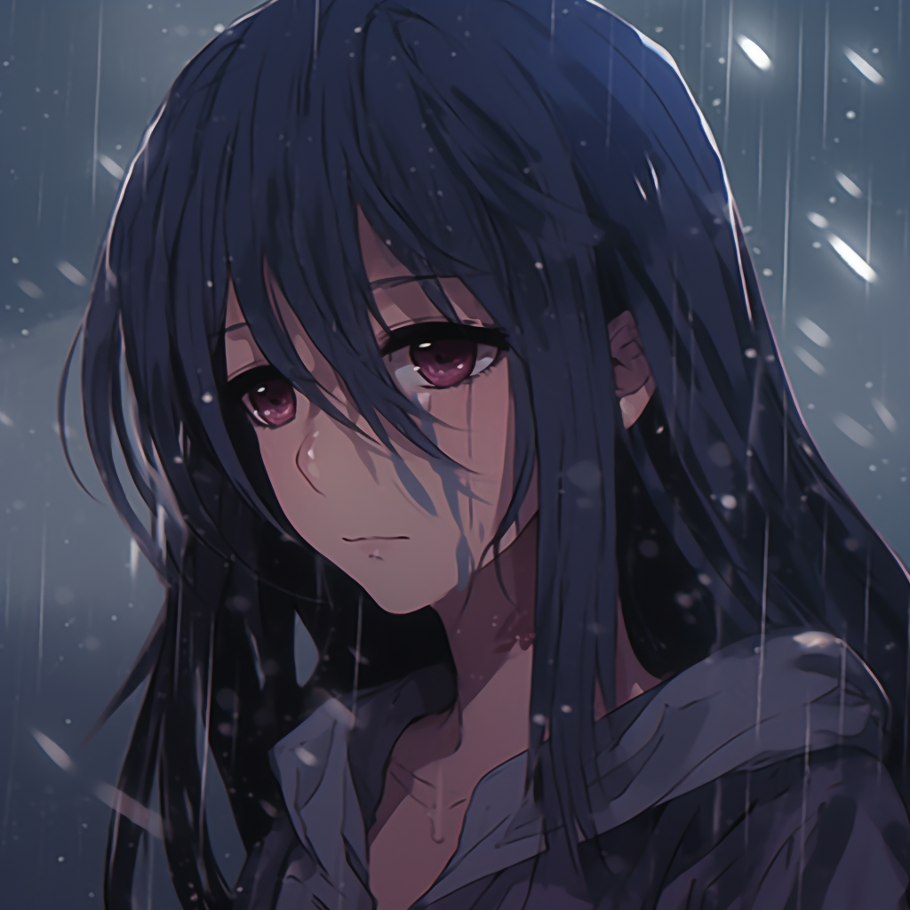 Close-up of a crying anime girl under rain, high contrast and detailed tear drops. hd depressed anime girl pfp pfp for discord.