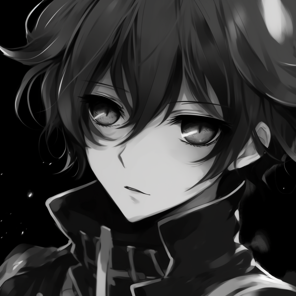 Lelouch Lamperouge from Code Geass in a monochrome style, with emphasis on his unique eye. modern anime black and white pfp