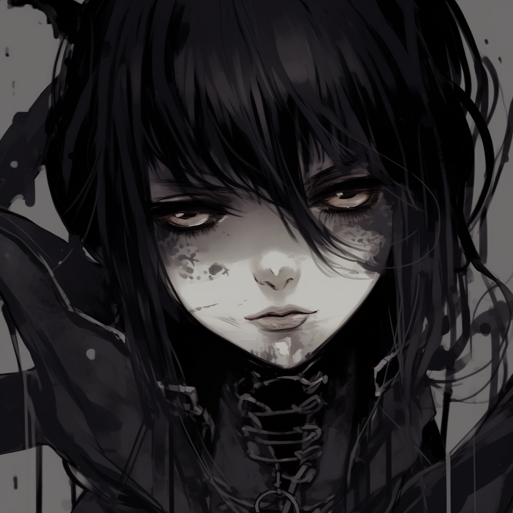 Gothic anime girl with a queen-like demeanor, immaculate detail and monochromatic hues. goth anime girl pfp aesthetics pfp for discord.