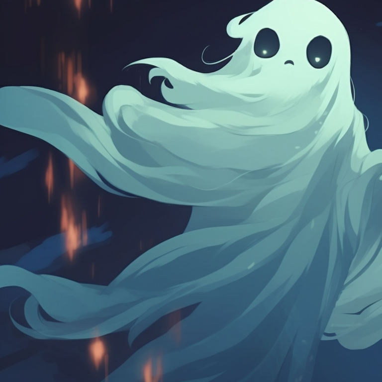 Two ghost characters floating side by side, ethereal glow, and haunting blue hues. importance of ghost matching pfp in halloween theme pfp for discord.