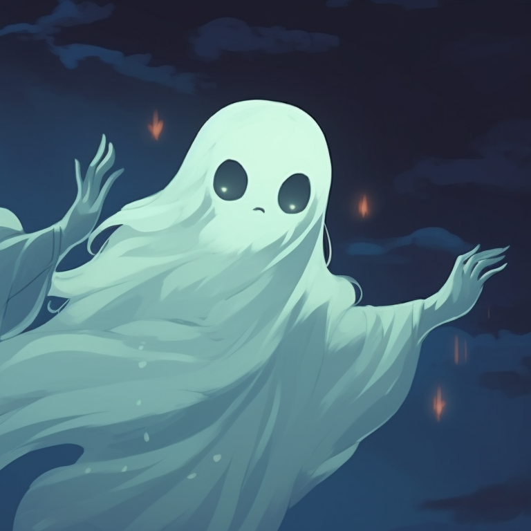Two ghost characters floating side by side, ethereal glow, and haunting blue hues. importance of ghost matching pfp in halloween theme pfp for discord.