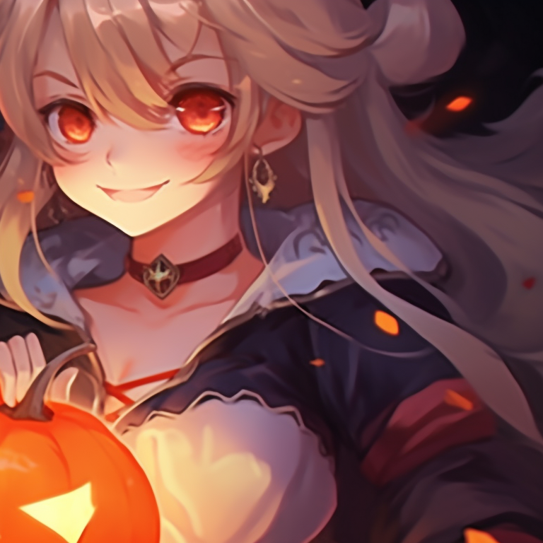 Two characters, bright candy corn themed outfits, contrasting against a muted Halloween backdrop. genshin inspired halloween matching pfp pfp for discord.