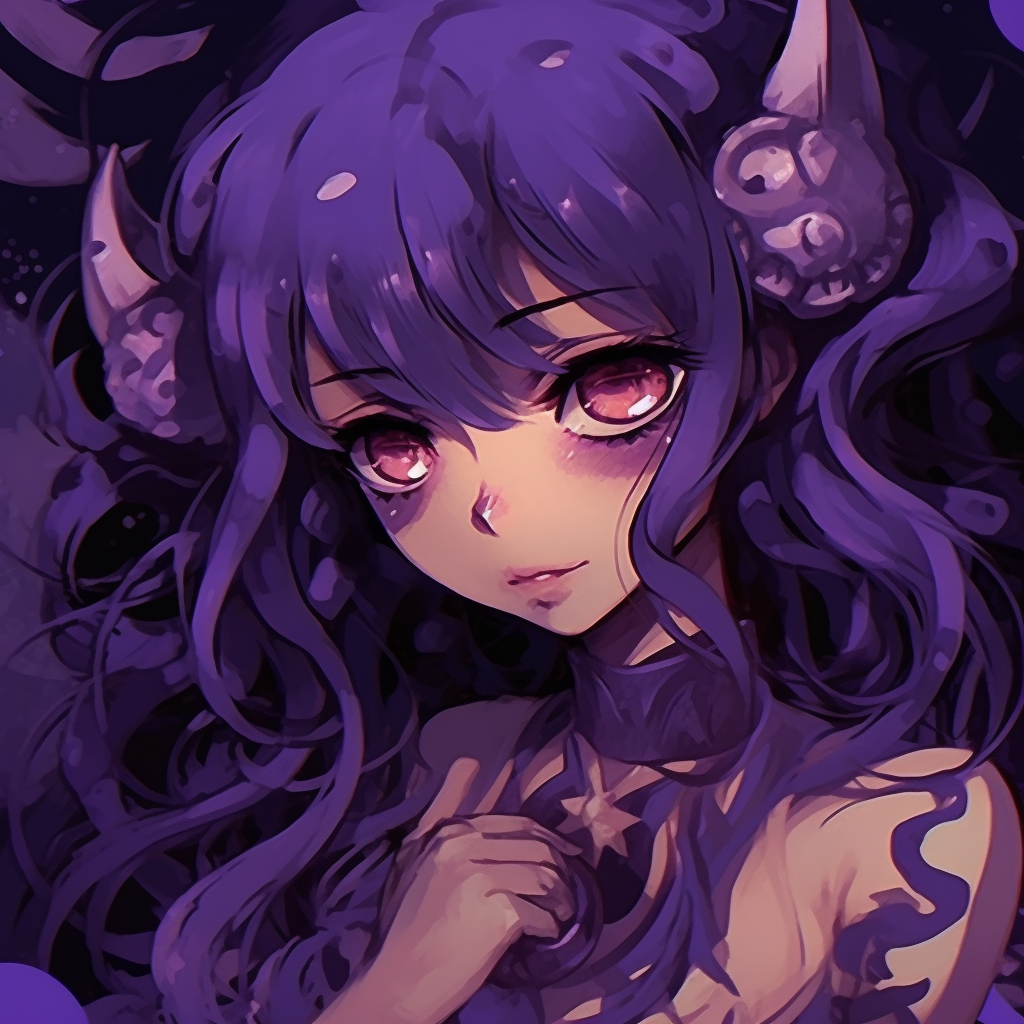 Kuroma Ankokuboshi with a reflective look in her eyes, with a purple glow highlighting the character against a darker background animated purple characters pfp pfp for discord.