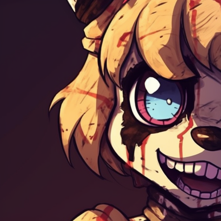 Two characters with a focus on sharp teeth and scary costumes, dark contrasting palette. awesome fnaf pfps to match pfp for discord.
