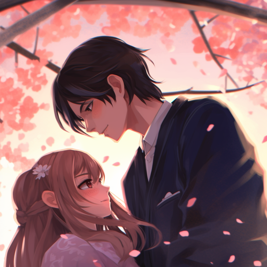Anime couple in love, glowing under cherry blossom shade, strong outlines. adorable anime couple pfp