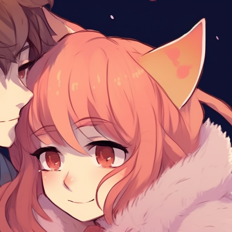 Two characters embracing tightly, their faces radiating happiness, warm colors underscoring the mood. cuddly matching pfp for bf and gf pfp for discord.