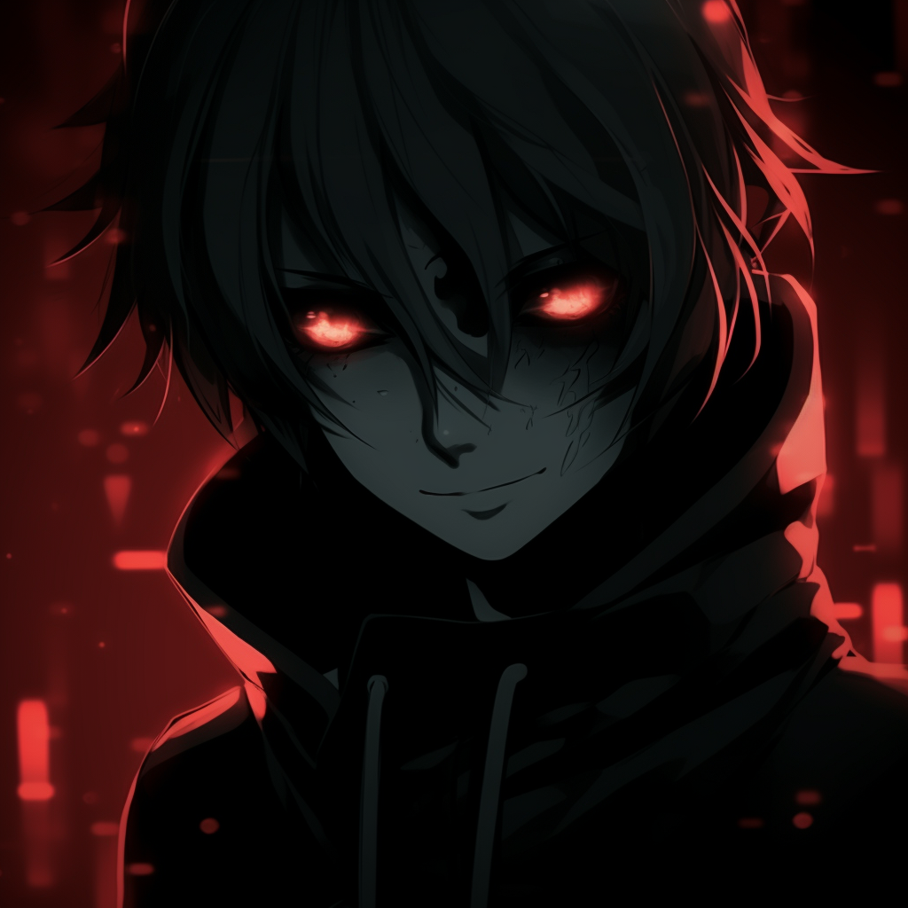 Anime character with piercing red eyes against a dark background, use of vibrant red on monochrome. aesthetic black pfp anime pfp for discord.