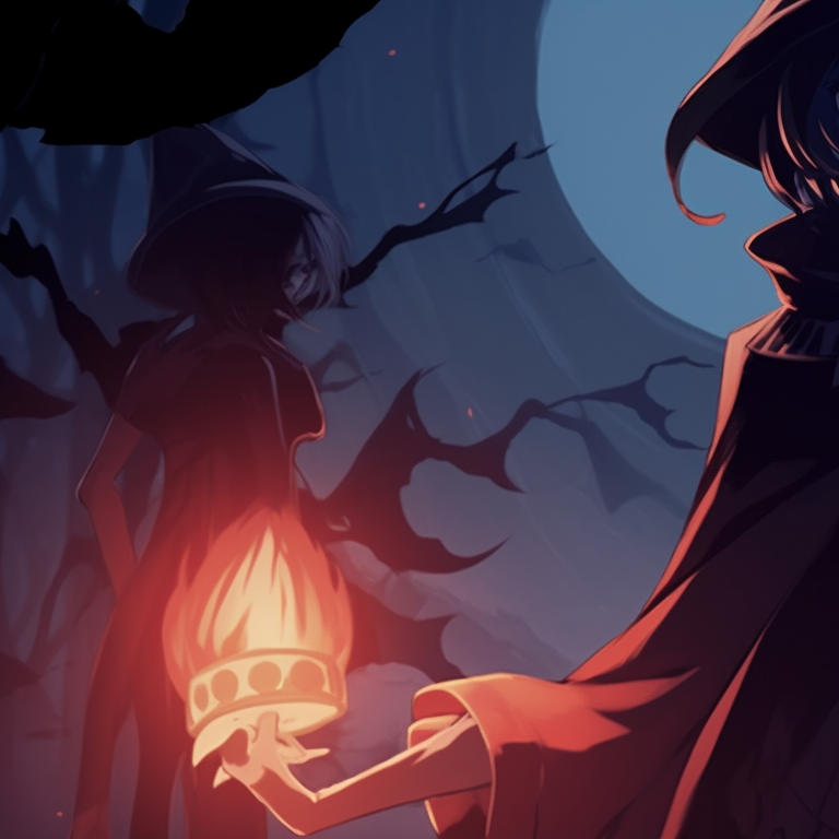 Two characters dressed as witches, saturated colors and dynamic expressions. find your perfect non anime halloween matching pfp pfp for discord.