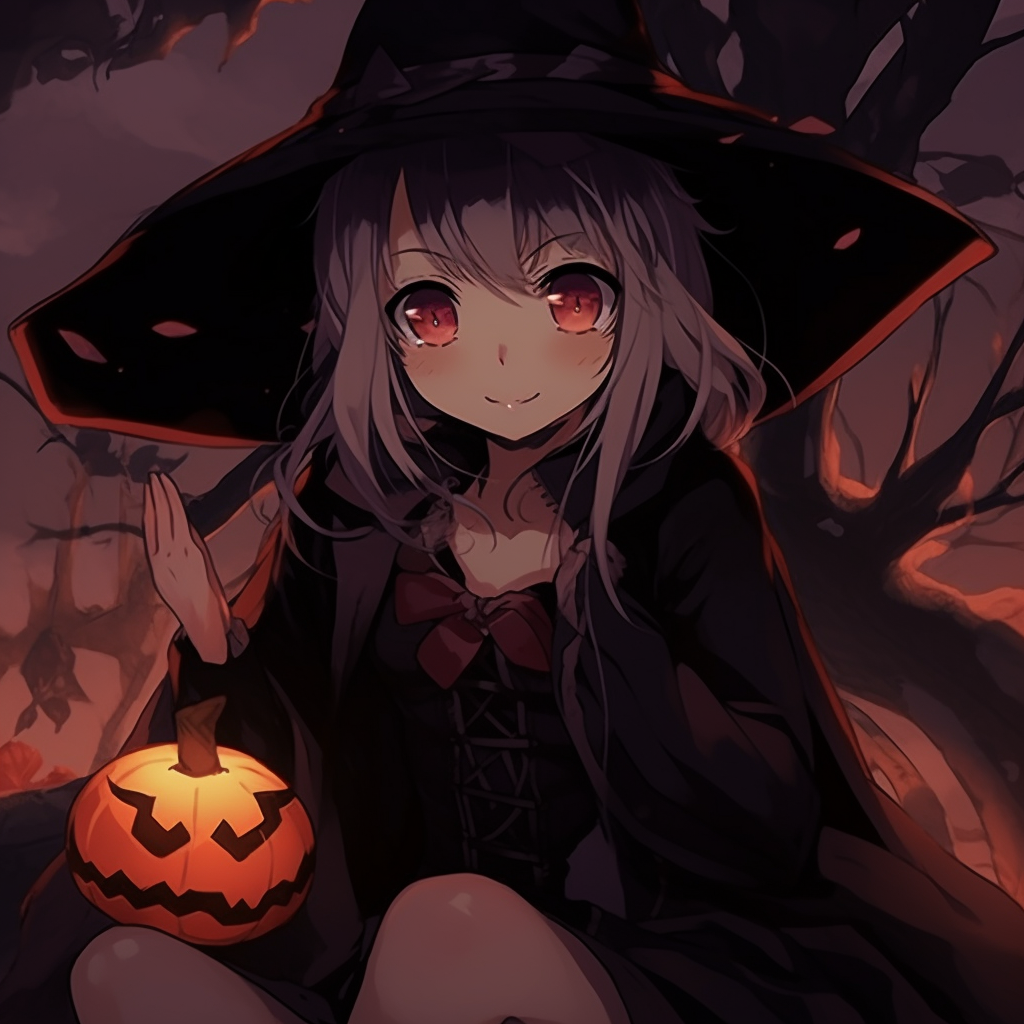 Anime witch with a black cat familiar, character detail and animal sidekick evident. halloween pfp anime genres