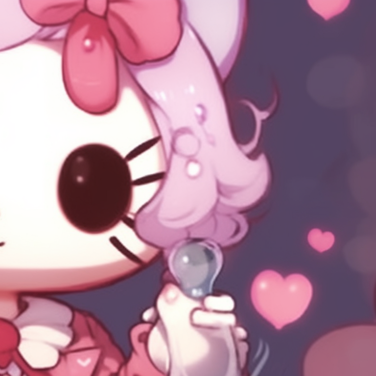 Two characters, clad in Hello Kitty attire, surrounding by floating hearts and bubbles. hello kitty pfp matching creative pfp for discord.