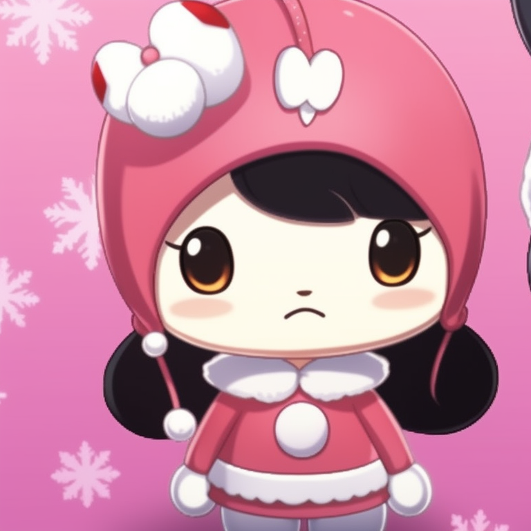 My Melody and Kuromi in matching Santa outfits, bright colors and cartoonish style. charming my melody and kuromi matching christmas images pfp for discord.