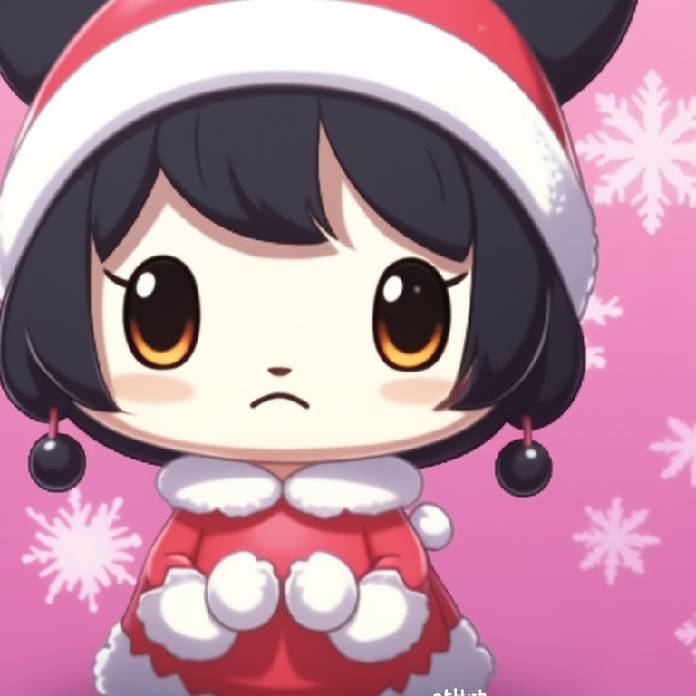 My Melody and Kuromi in matching Santa outfits, bright colors and cartoonish style. charming my melody and kuromi matching christmas images pfp for discord.