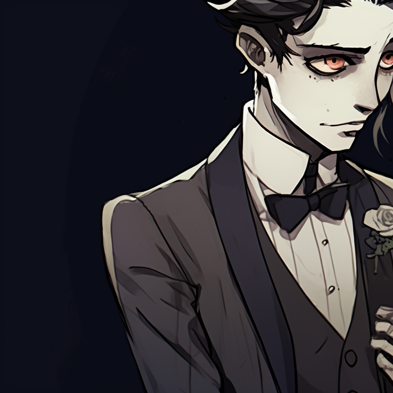 Two characters, intense expressions, detailed features contrasting against a dark backdrop. unique corpse bride pfp pfp for discord.