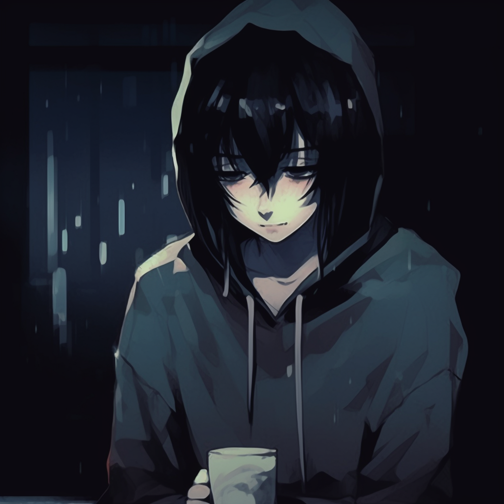 Image of a depressed anime character, dramatized by the surrounding rain, with softened colors and fluid lines. anime depressed pfp: unique variants pfp for discord.