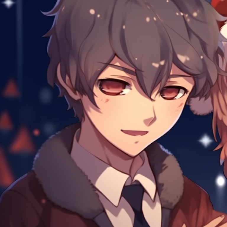 Two characters under a mistletoe, smooth lines and pastel colors, shy glances. adorable boys and girls matching christmas pfp pfp for discord.