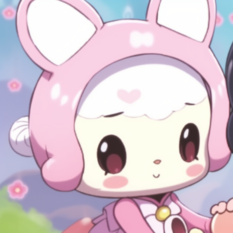 My Melody and Kuromi, in a whimsical setting, holding hands with innocent smiles. perfect my melody and kuromi matching profile pictures pfp for discord.