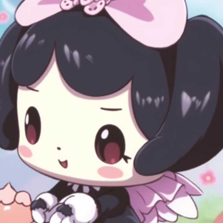 My Melody and Kuromi, in a whimsical setting, holding hands with innocent smiles. perfect my melody and kuromi matching profile pictures pfp for discord.