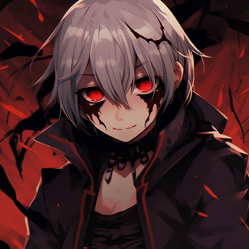 Halloween-themed portrayal of Ghoul Kaneki, somber tones, and well-detailed character design. halloween pfp anime styles