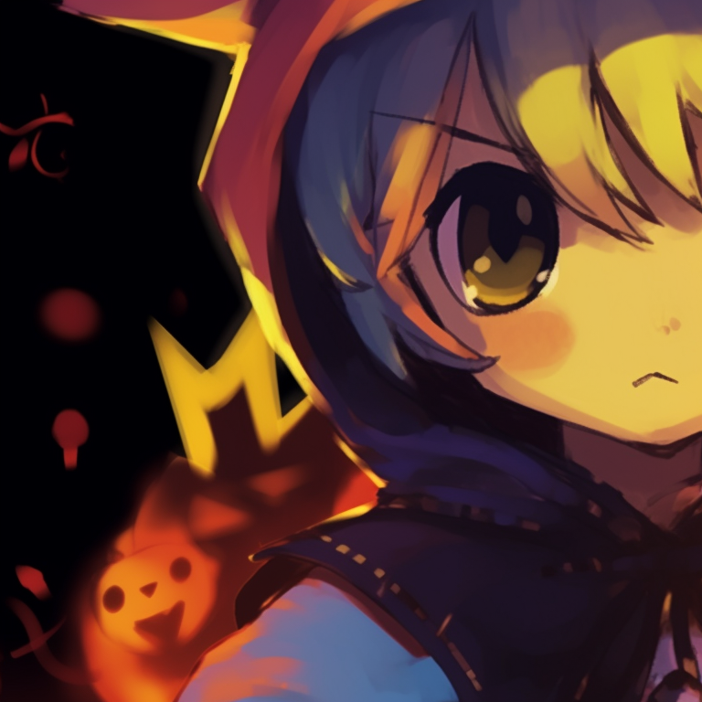 Two Pokemon in Halloween costumes, dark background, expressive eyes. matching pokemon pfp halloween theme for friends pfp for discord.